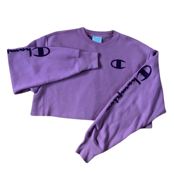 Champion Plum Fleece Reverse Weave C Logo Crop Crewneck Drop Shoulder Sweatshirt - Picture 9 of 16